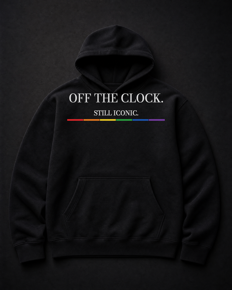FÆBRIQ Off The Clock. Still Iconic. Heavyweight Hoodie — studio front view showing the white print and six-stripe Pride Circuit bar.