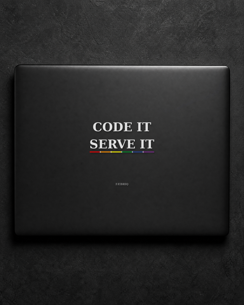 Code It. Serve It. sticker centered on a black laptop lid.