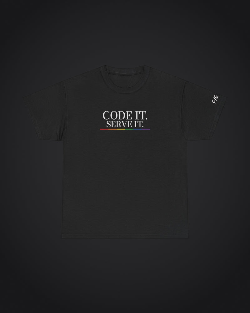 FÆBRIQ 'Code It. Serve It.' Tee: black tee with the white Code It. Serve It. print over the six-color pride-circuit bar, on a charcoal studio backdrop.