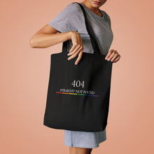 FÆBRIQ '404: Straight Not Found' Cotton Tote — detail of the white print and six-colour pride-circuit bar on black canvas.