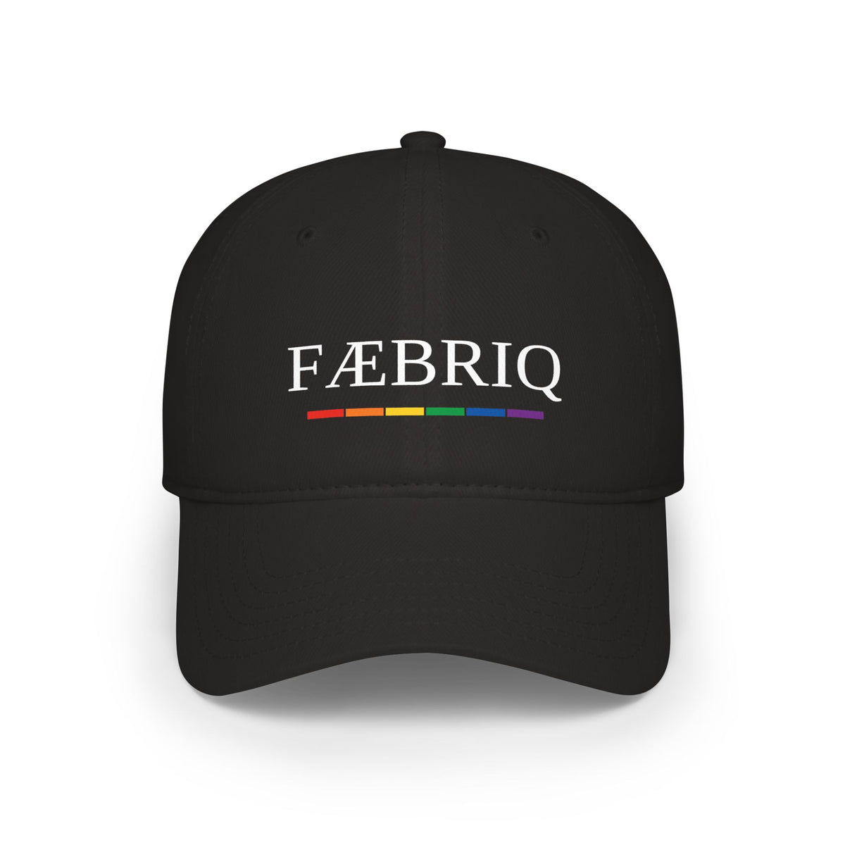 FÆBRIQ Circuit Cap, Low Profile (Black) — black low-profile baseball cap with the white FÆBRIQ wordmark above the six-colour pride-circuit stripe.