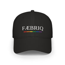 FÆBRIQ Circuit Cap, Low Profile (Black) — black low-profile baseball cap with the white FÆBRIQ wordmark above the six-colour pride-circuit stripe.
