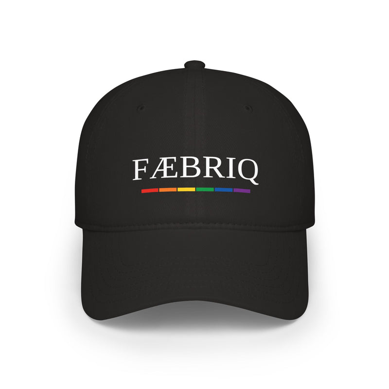 FÆBRIQ Circuit Cap, Low Profile (Black) — black low-profile baseball cap with the white FÆBRIQ wordmark above the six-colour pride-circuit stripe.
