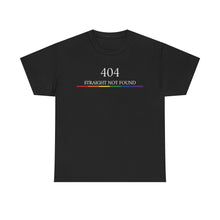 FÆBRIQ '404: Straight Not Found' Tee — detail of the white 404 print, smaller STRAIGHT NOT FOUND line, and six-colour pride-circuit bar on black cotton.