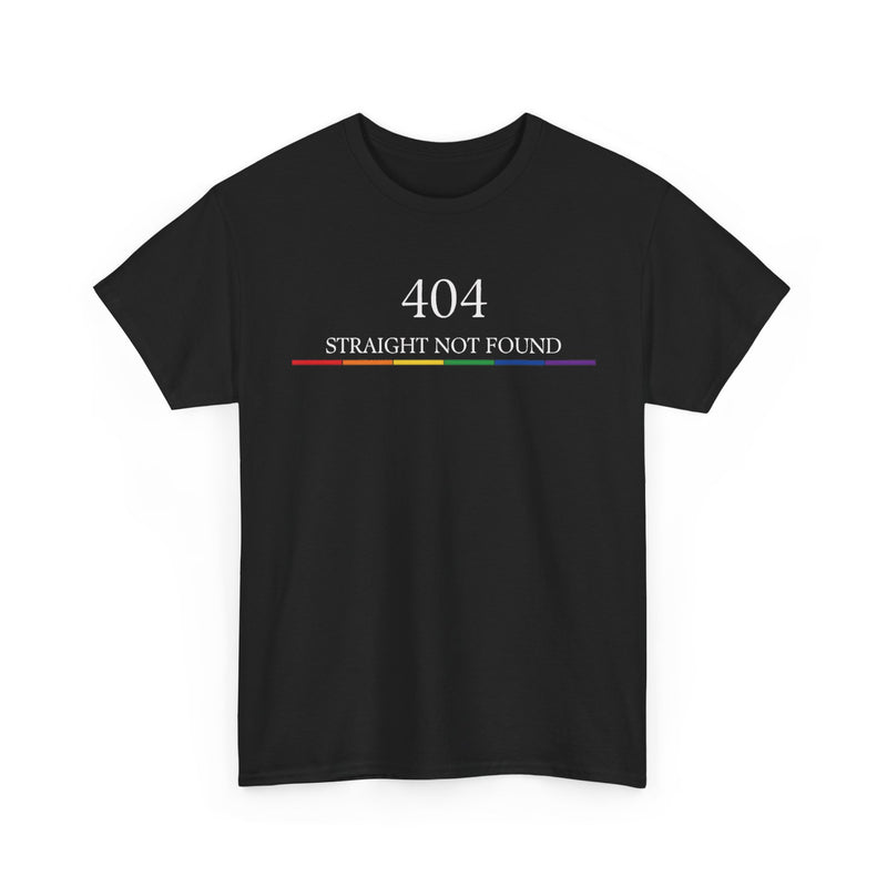 FÆBRIQ '404: Straight Not Found' Tee — black heavy cotton unisex t-shirt with the white 404 print, smaller STRAIGHT NOT FOUND line, and six-stripe pride-circuit bar.