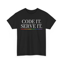 FÆBRIQ 'Code It. Serve It.' Tee — black heavy cotton t-shirt with the white serif wordmark set over the pride-circuit bar.