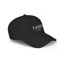 FÆBRIQ Circuit Cap, Low Profile (Black) — detail of the white FÆBRIQ wordmark and six-segment pride-circuit stripe on the cap front.