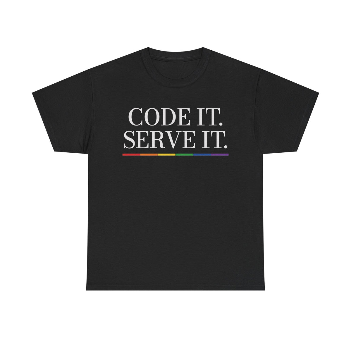 FÆBRIQ 'Code It. Serve It.' Tee — black heavy cotton unisex t-shirt with the white chest print and six-stripe pride-circuit bar.