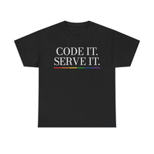 FÆBRIQ 'Code It. Serve It.' Tee — black heavy cotton unisex t-shirt with the white chest print and six-stripe pride-circuit bar.