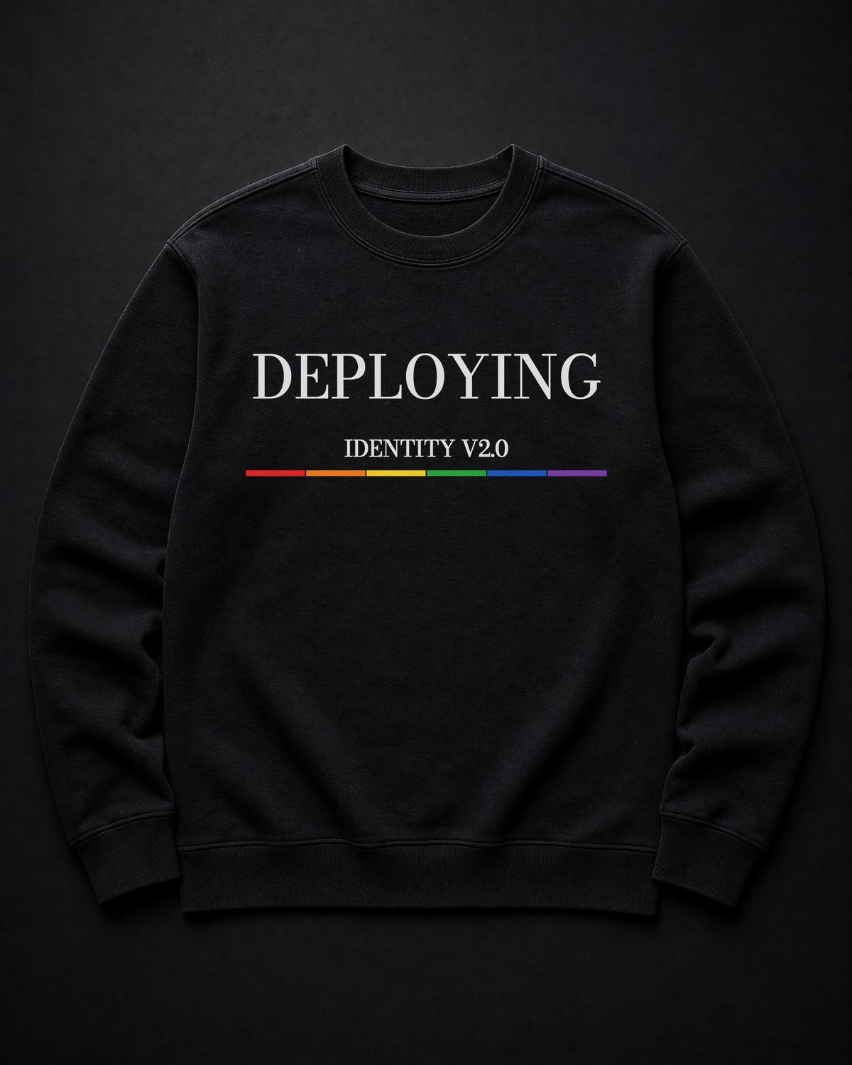 FÆBRIQ Deploying Identity v2.0 Heavyweight Crewneck — studio front view showing the white print and six-stripe Pride Circuit bar.