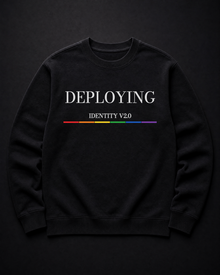 FÆBRIQ Deploying Identity v2.0 Heavyweight Crewneck — studio front view showing the white print and six-stripe Pride Circuit bar.