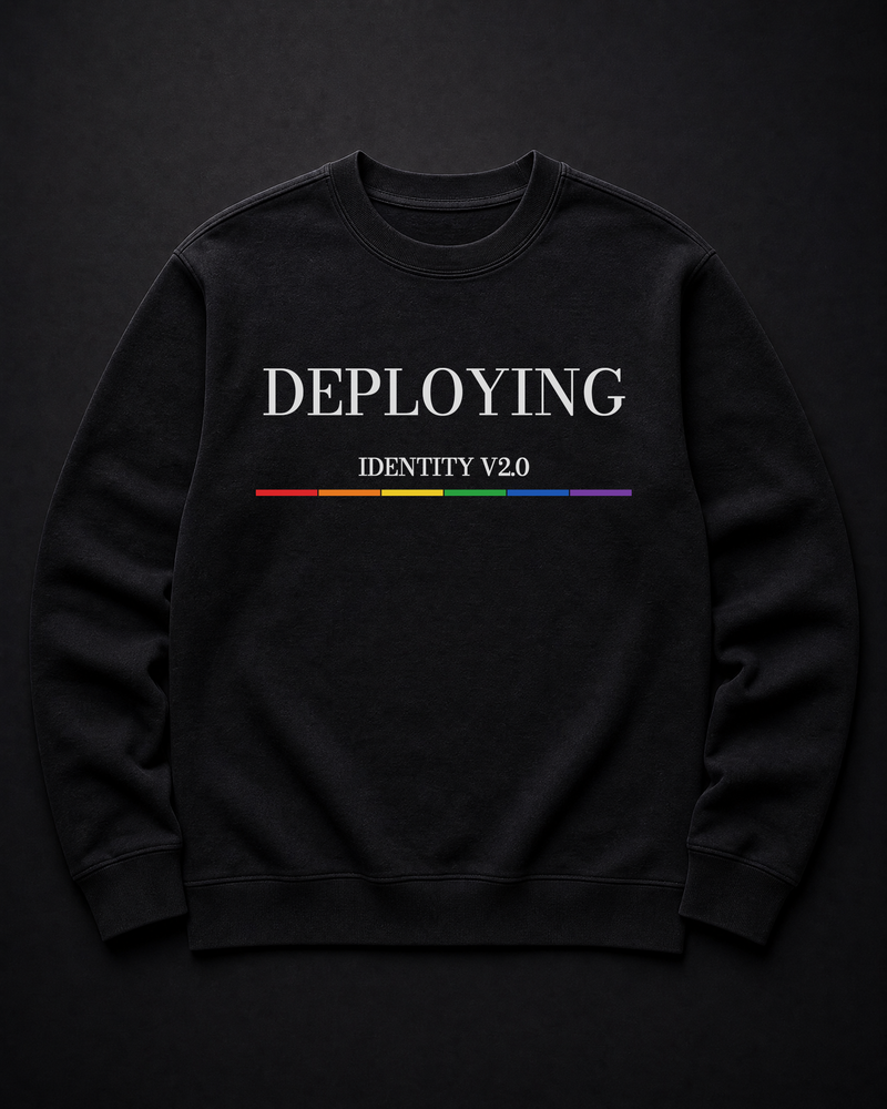 FÆBRIQ Deploying Identity v2.0 Heavyweight Crewneck — studio front view showing the white print and six-stripe Pride Circuit bar.
