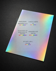 FÆBRIQ Sticker Sheet — The Full Drop — macro view showing five typographic sticker designs on a holographic sheet.