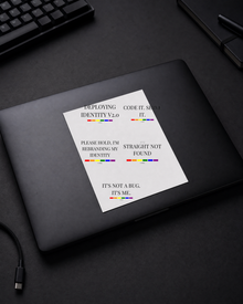 FÆBRIQ Sticker Sheet — The Full Drop — laptop-lid view showing the sheet and five typographic sticker designs.