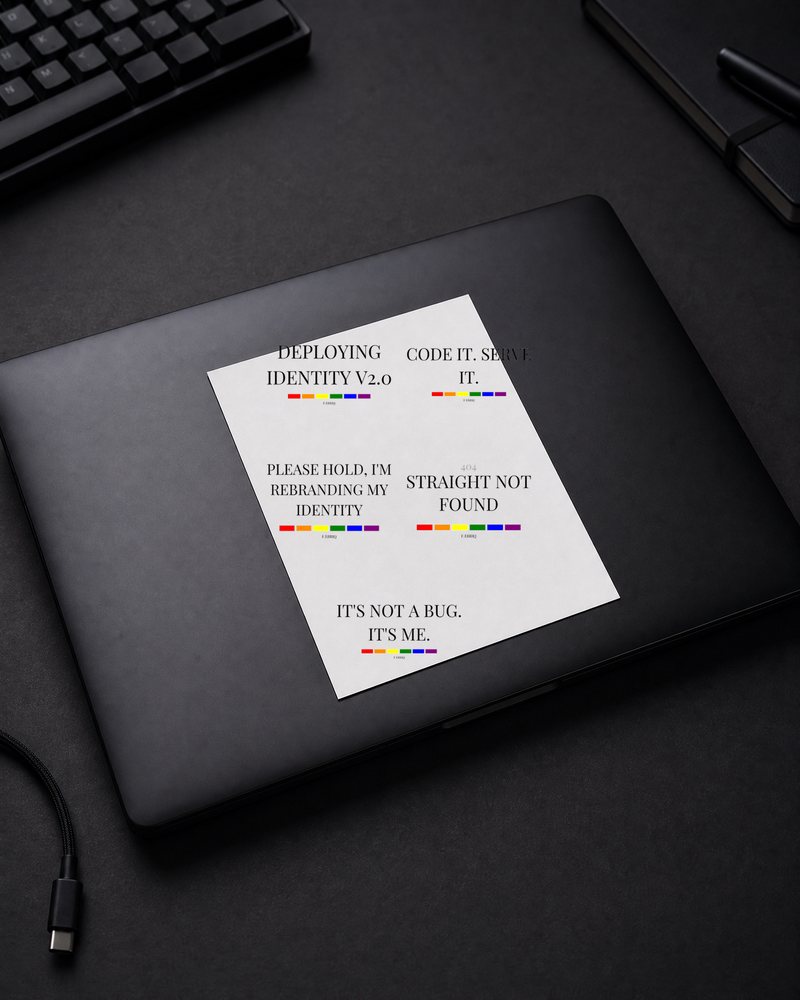 FÆBRIQ Sticker Sheet — The Full Drop — laptop-lid view showing the sheet and five typographic sticker designs.