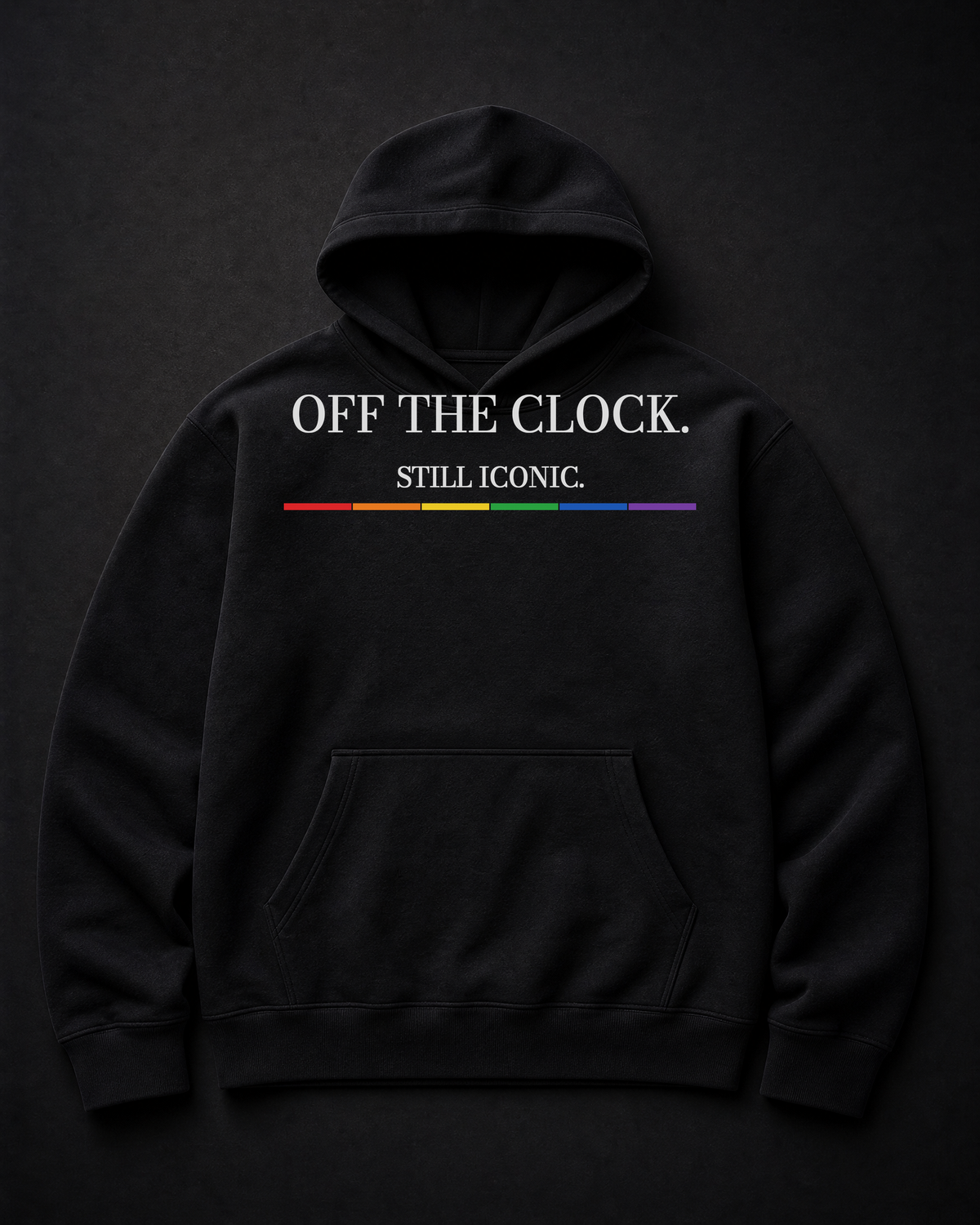FÆBRIQ Off The Clock. Still Iconic. Heavyweight Hoodie — studio front view showing the white print and six-stripe Pride Circuit bar.
