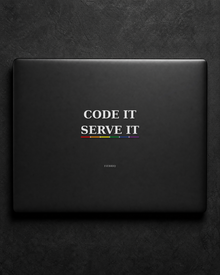 Code It. Serve It. sticker centered on a black laptop lid.