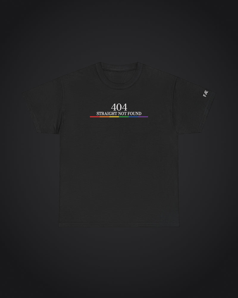 FÆBRIQ '404: Straight Not Found' Tee: black tee with the white 404 and STRAIGHT NOT FOUND print over the six-color pride-circuit bar, on a charcoal studio backdrop.