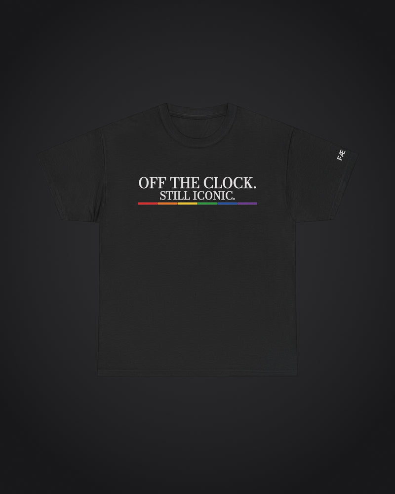 FÆBRIQ 'Off The Clock. Still Iconic.' Tee: black tee with the white Off The Clock. Still Iconic. print over the six-color pride-circuit bar, on a charcoal studio backdrop.